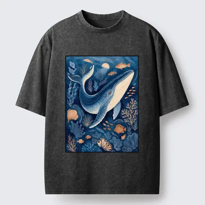 Tokyo-Tiger Blue Whale Under The Sea Washed T-Shirt