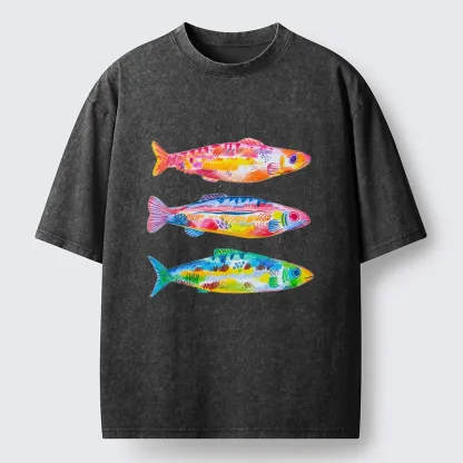 Tokyo-Tiger Colorful Hand Drawn Fish Washed T-Shirt
