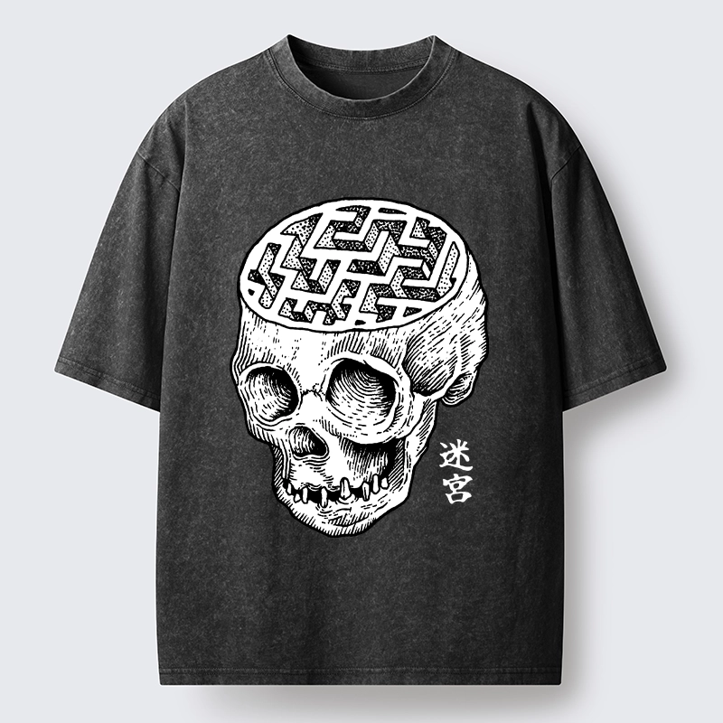 Tokyo-Tiger Skull With Brain Maze Washed T-Shirt