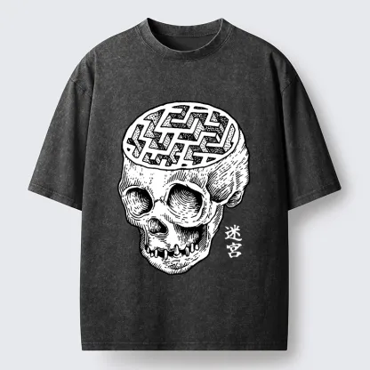 Tokyo-Tiger Skull With Brain Maze Washed T-Shirt