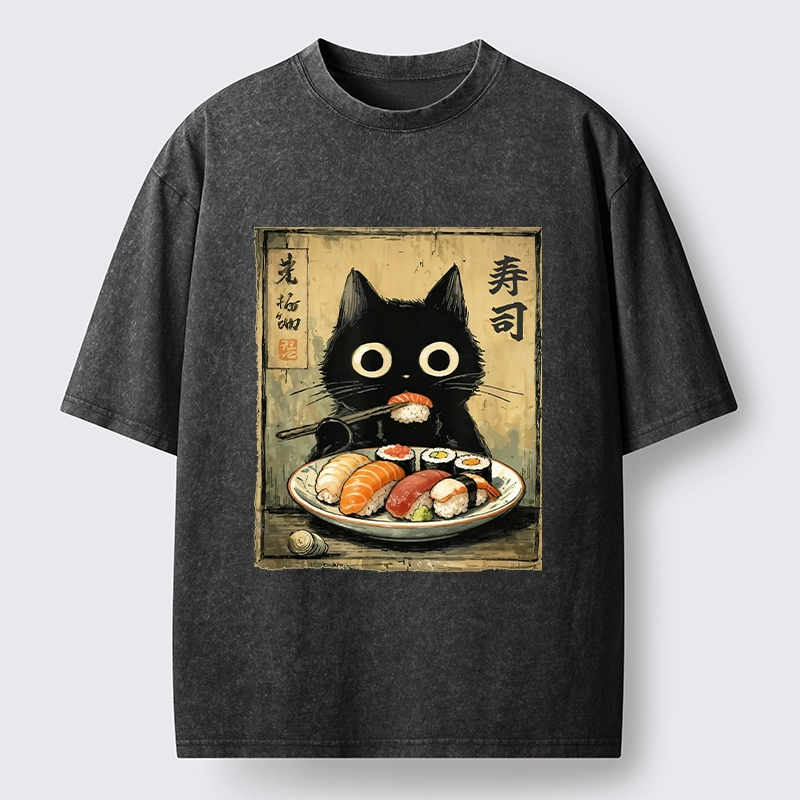 Tokyo-Tiger Vintage Japanese Sushi Cat Washed T-Shirt
