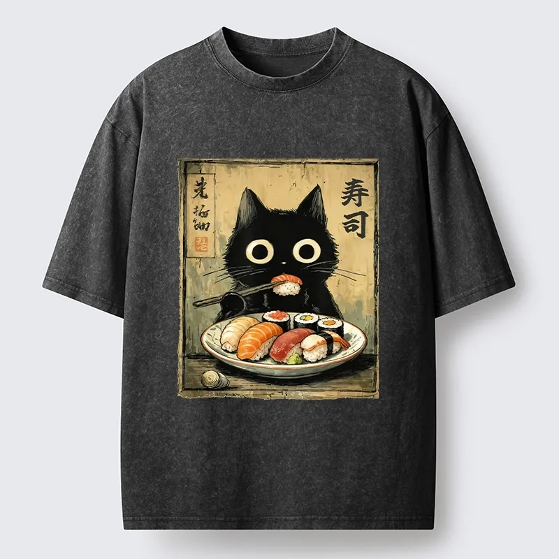 Tokyo-Tiger Vintage Japanese Sushi Cat Washed T-Shirt Sale