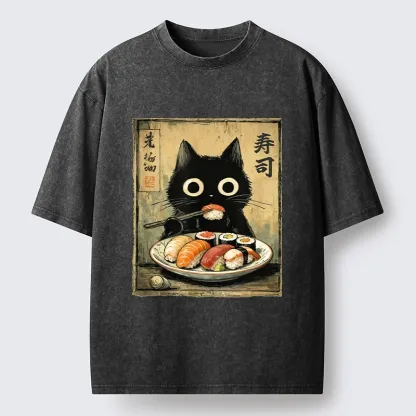 Tokyo-Tiger Vintage Japanese Sushi Cat Washed T-Shirt