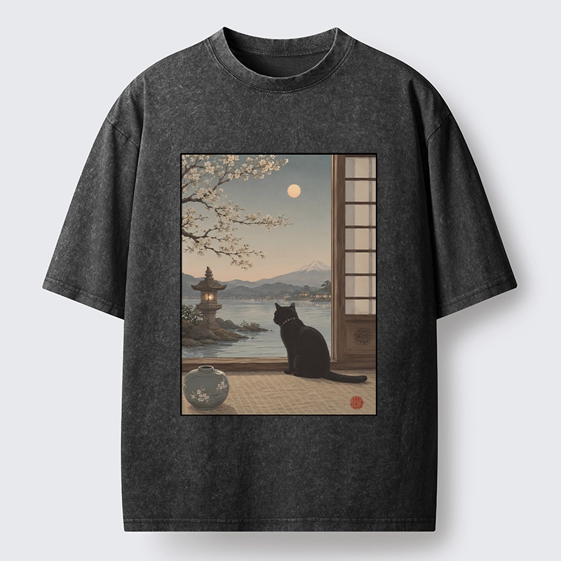 Tokyo-Tiger Black Cat Watching Mount Fuji At Night Washed T-Shirt