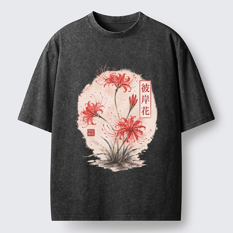 Tokyo-Tiger Red Spider Lily Watercolor Painting Washed T-Shirt