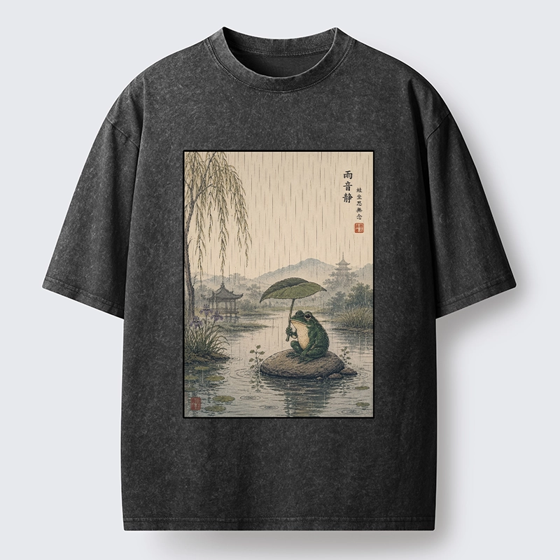 Tokyo-Tiger Frog Holding Lotus Leaf In The Rain Washed T-Shirt