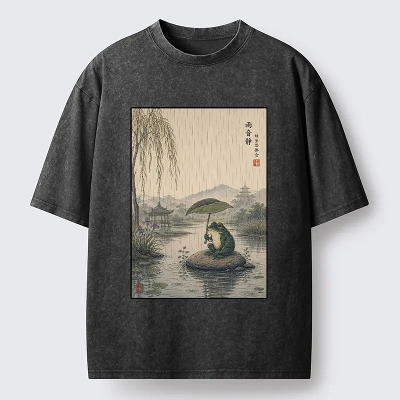 Tokyo-Tiger Frog Holding Lotus Leaf In The Rain Washed T-Shirt