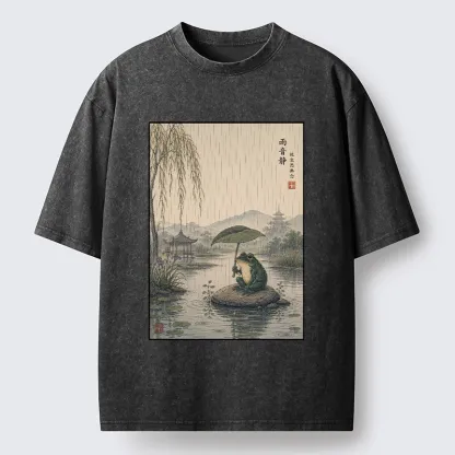 Tokyo-Tiger Frog Holding Lotus Leaf In The Rain Washed T-Shirt