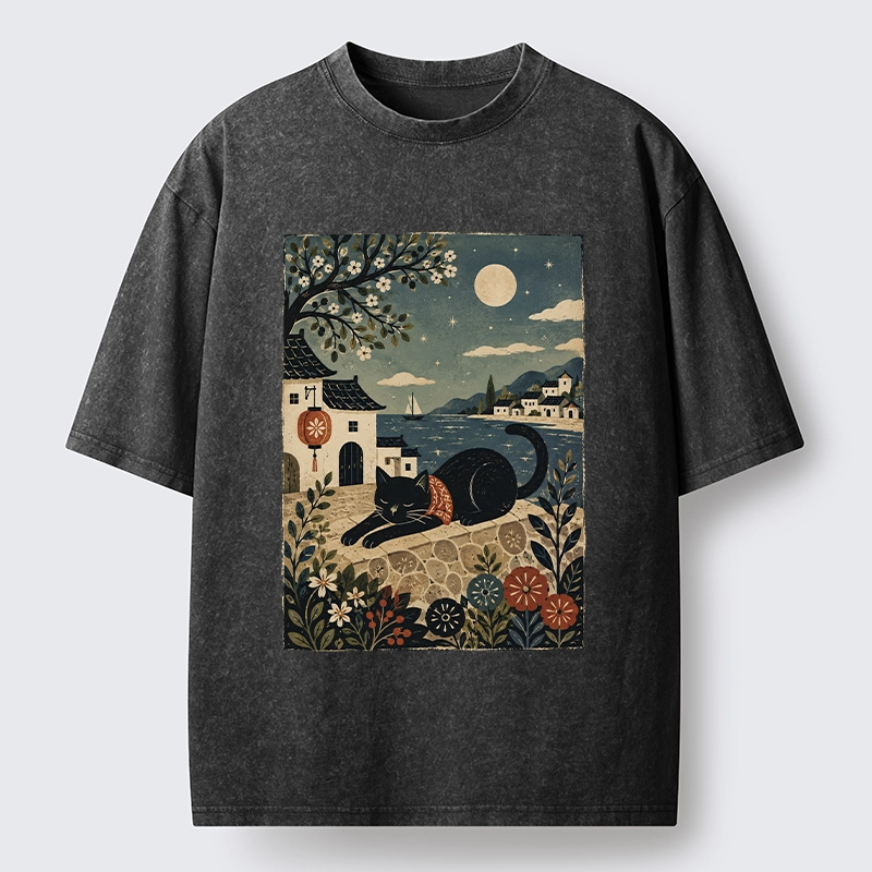 Tokyo-Tiger Sleepy Cat In A Coastal Town Washed T-Shirt