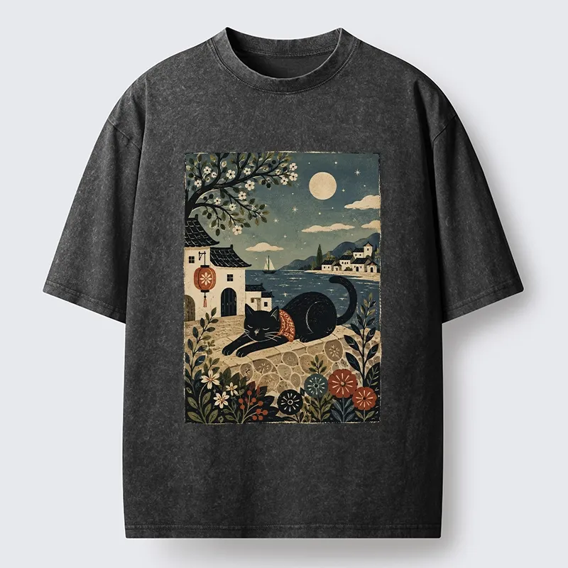 Tokyo-Tiger Sleepy Cat In A Coastal Town Washed T-Shirt