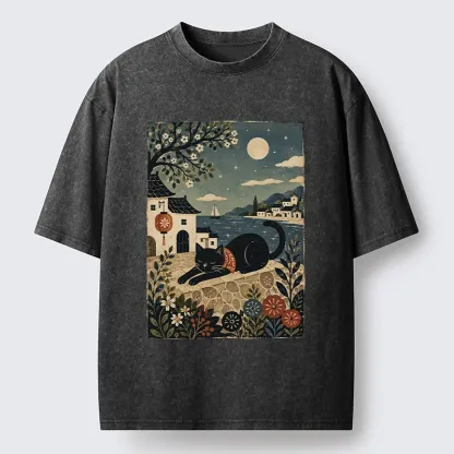 Tokyo-Tiger Sleepy Cat In A Coastal Town Washed T-Shirt