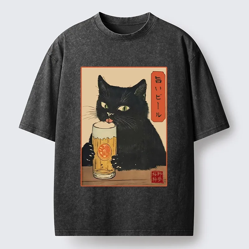 Tokyo-Tiger Cat Holding A Glass Of Beer Washed T-Shirt