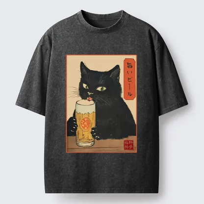 Tokyo-Tiger Cat Holding A Glass Of Beer Washed T-Shirt