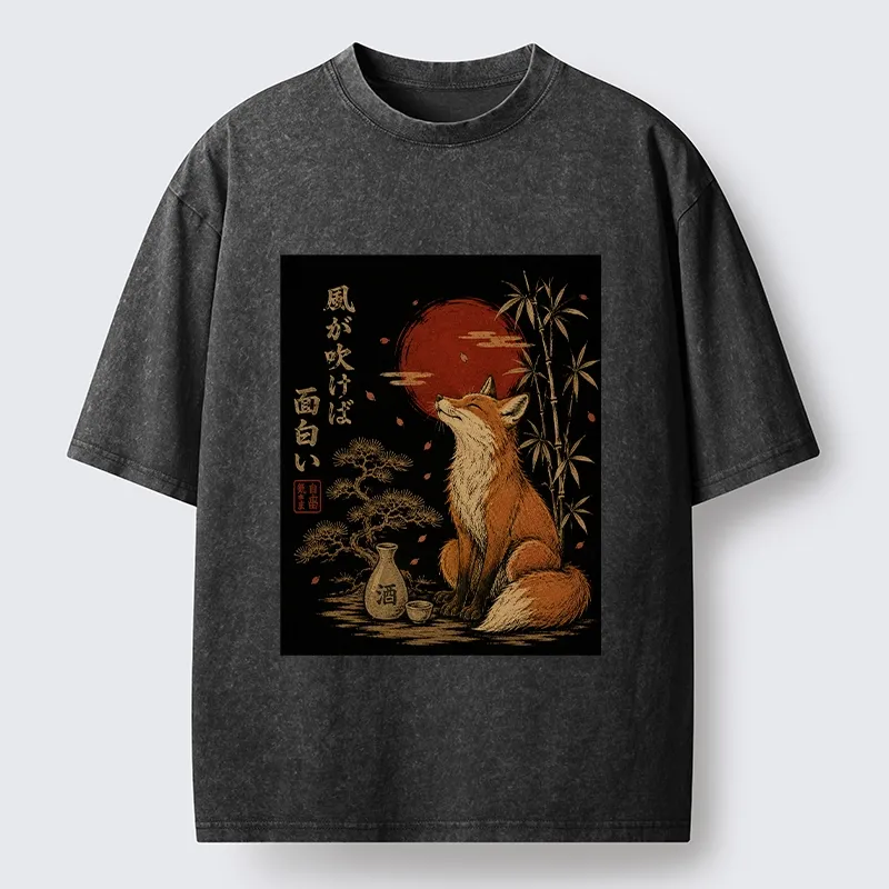 Tokyo-Tiger Zen Fox Enjoying The Night Air Washed T-Shirt