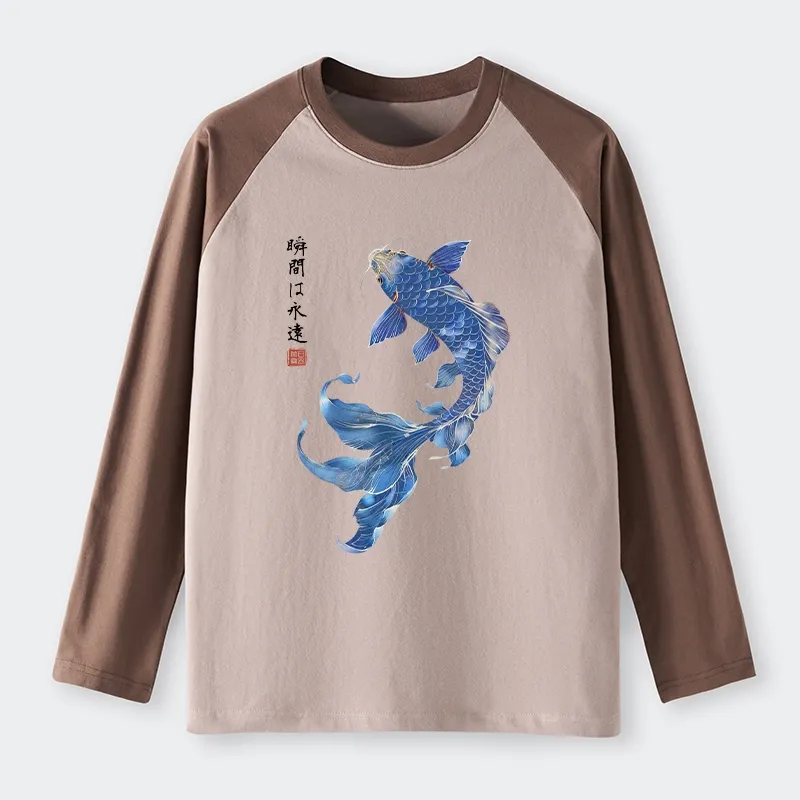 Tokyo-Tiger Lucky Blue Koi Fish Art Raglan Long Sleeve T-shirt