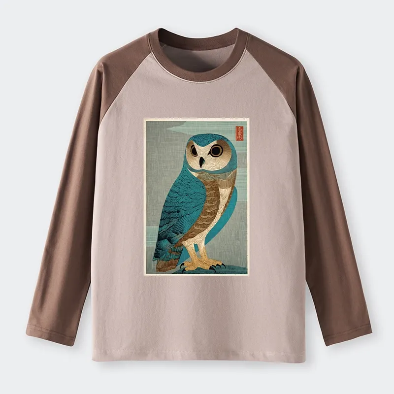 Tokyo-Tiger Vintage Owl Woodblock Art Raglan Long Sleeve T-shirt Sale