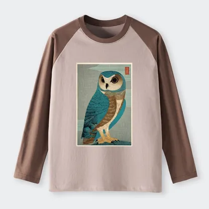 Tokyo-Tiger Vintage Owl Woodblock Art Raglan Long Sleeve T-shirt