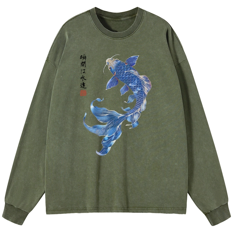 Tokyo-Tiger Lucky Blue Koi Fish Art Washed Long Sleeve T-Shirt