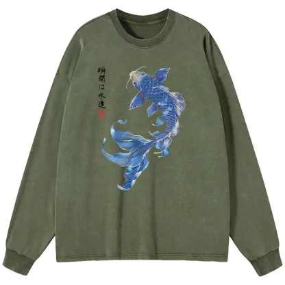 Tokyo-Tiger Lucky Blue Koi Fish Art Washed Long Sleeve T-Shirt