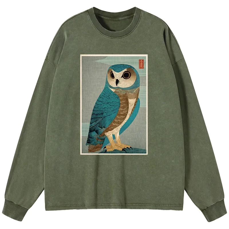 Tokyo-Tiger Vintage Owl Woodblock Art Washed Long Sleeve T-Shirt