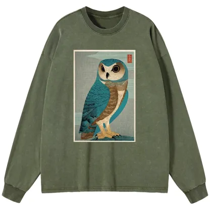 Tokyo-Tiger Vintage Owl Woodblock Art Washed Long Sleeve T-Shirt