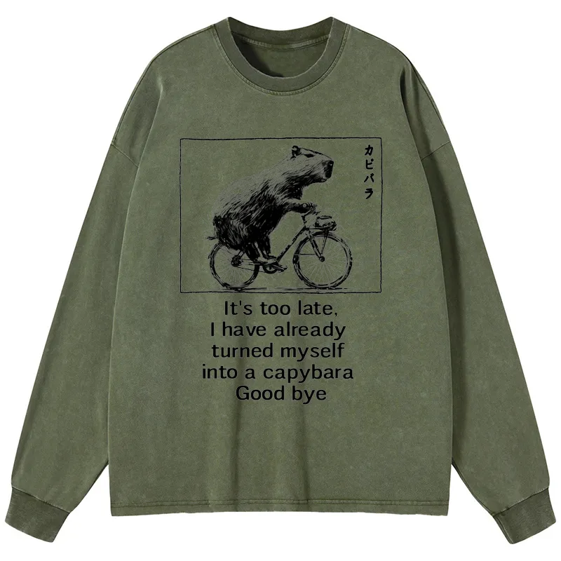 Tokyo-Tiger Funny Capybara Riding A Bicycle Washed Long Sleeve T-Shirt