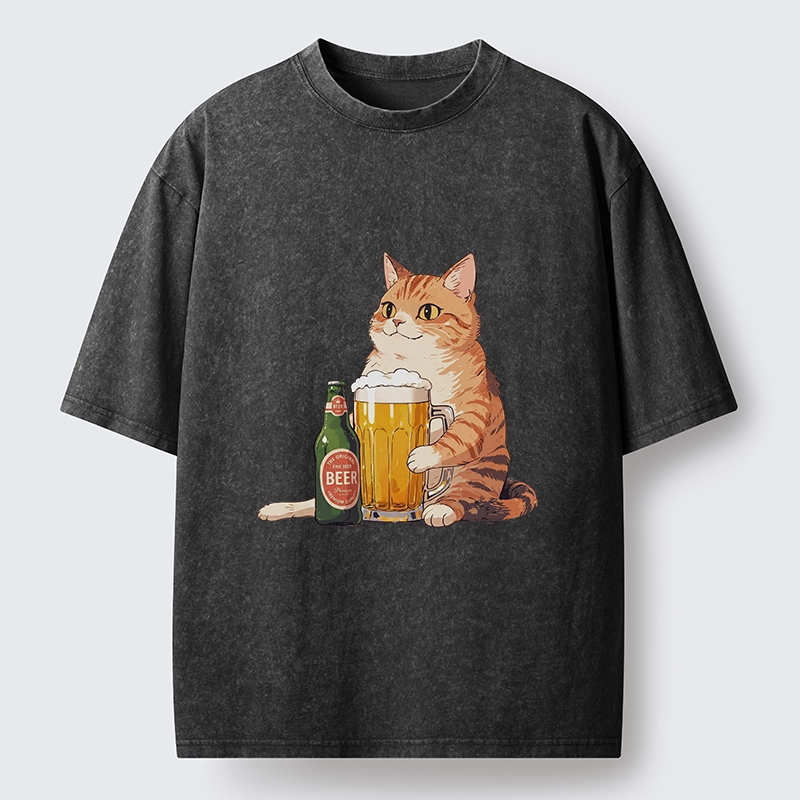 Tokyo-Tiger Funny Beer Cat After Work Washed T-Shirt