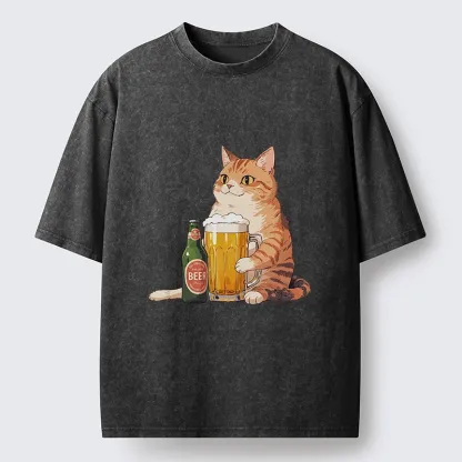 Tokyo-Tiger Funny Beer Cat After Work Washed T-Shirt