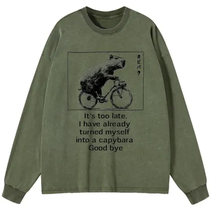 Tokyo-Tiger Funny Capybara Riding A Bicycle Washed Long Sleeve T-Shirt