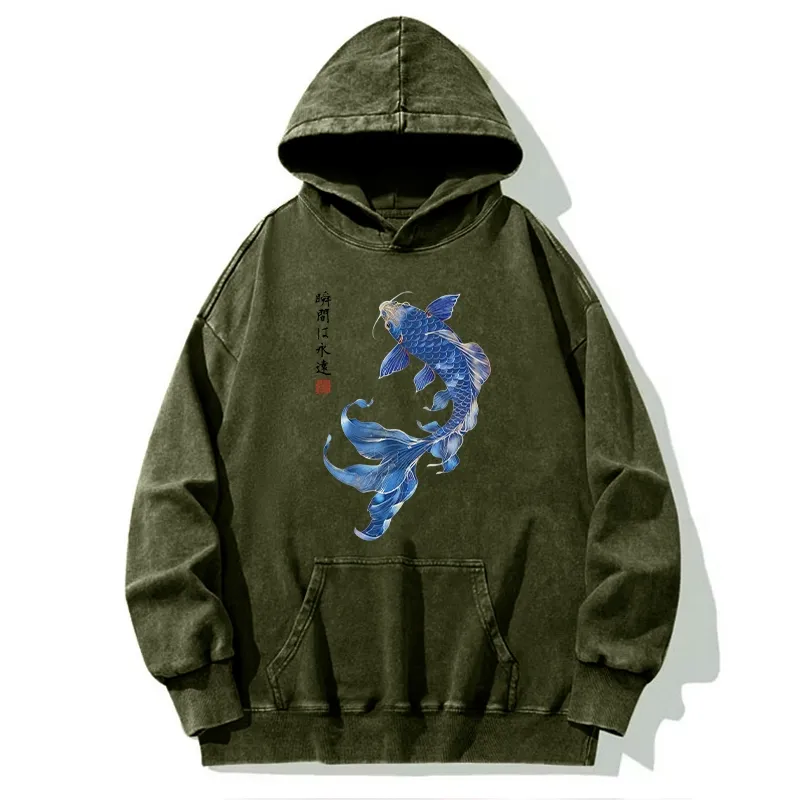 Tokyo-Tiger Lucky Blue Koi Fish Art Washed Hoodie
