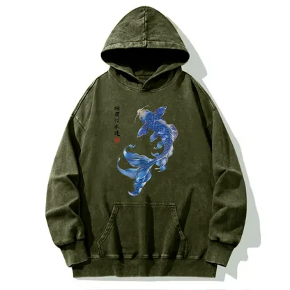 Tokyo-Tiger Lucky Blue Koi Fish Art Washed Hoodie