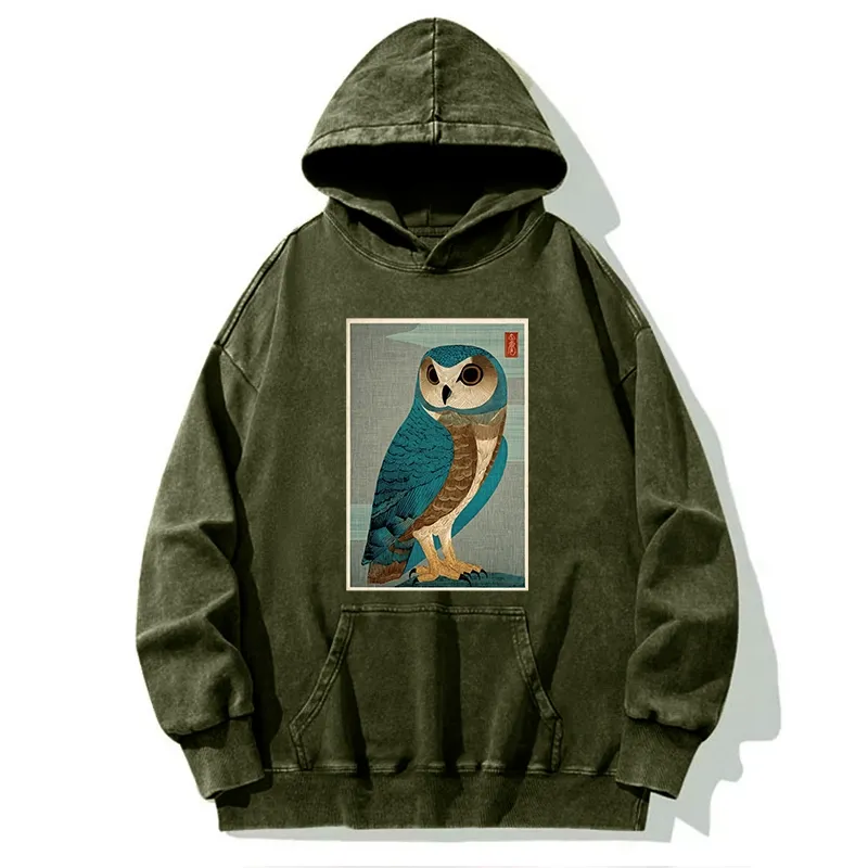 Tokyo-Tiger Vintage Owl Woodblock Art Washed Hoodie