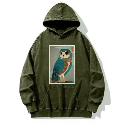 Tokyo-Tiger Vintage Owl Woodblock Art Washed Hoodie