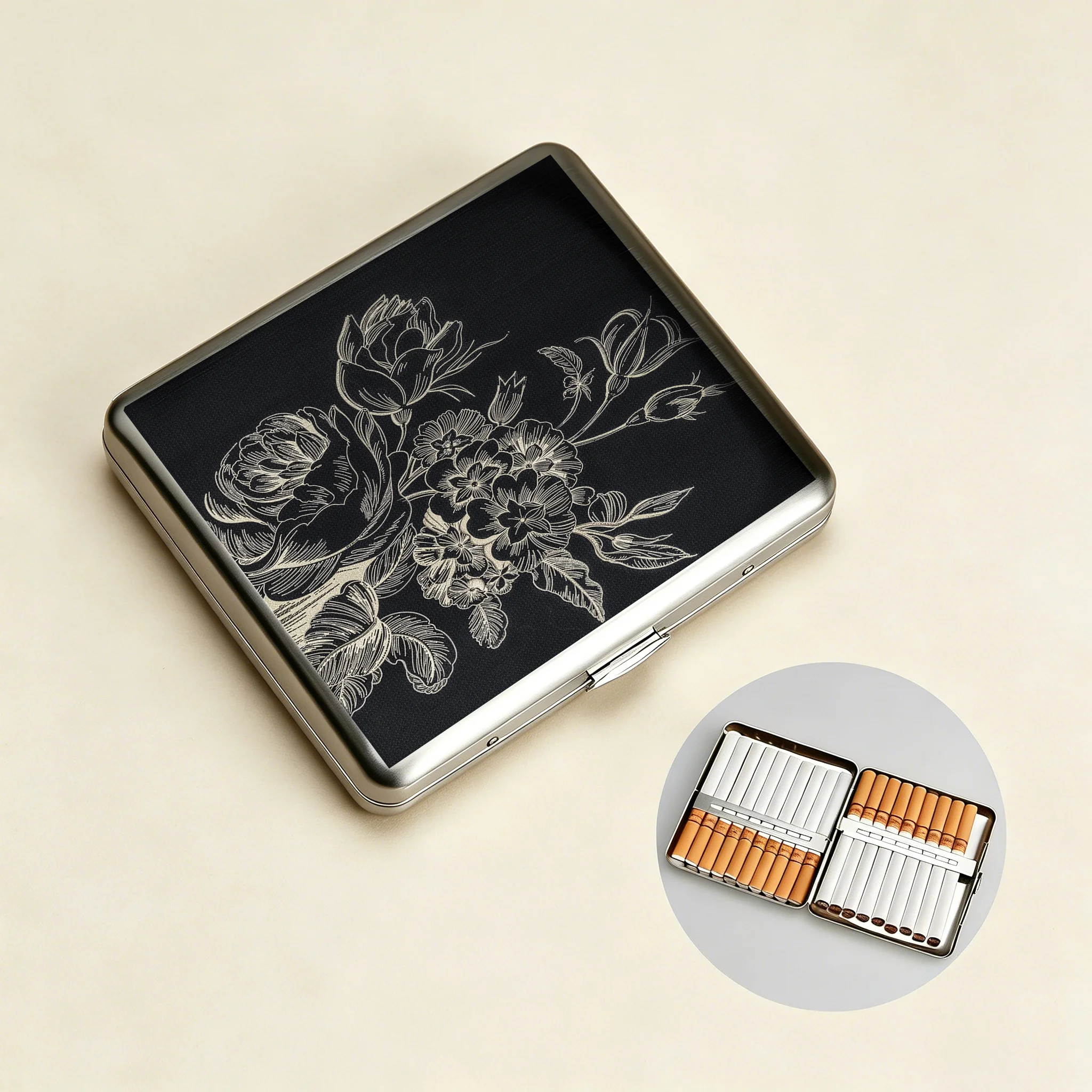 Tokyo-Tiger Monochrome Floral Elegance Cigarette Case