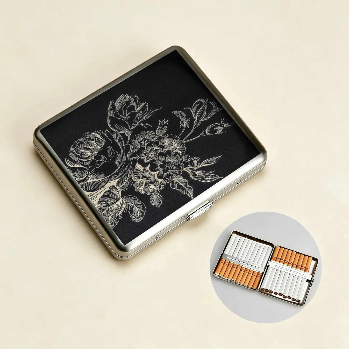 Tokyo-Tiger Monochrome Floral Elegance Cigarette Case