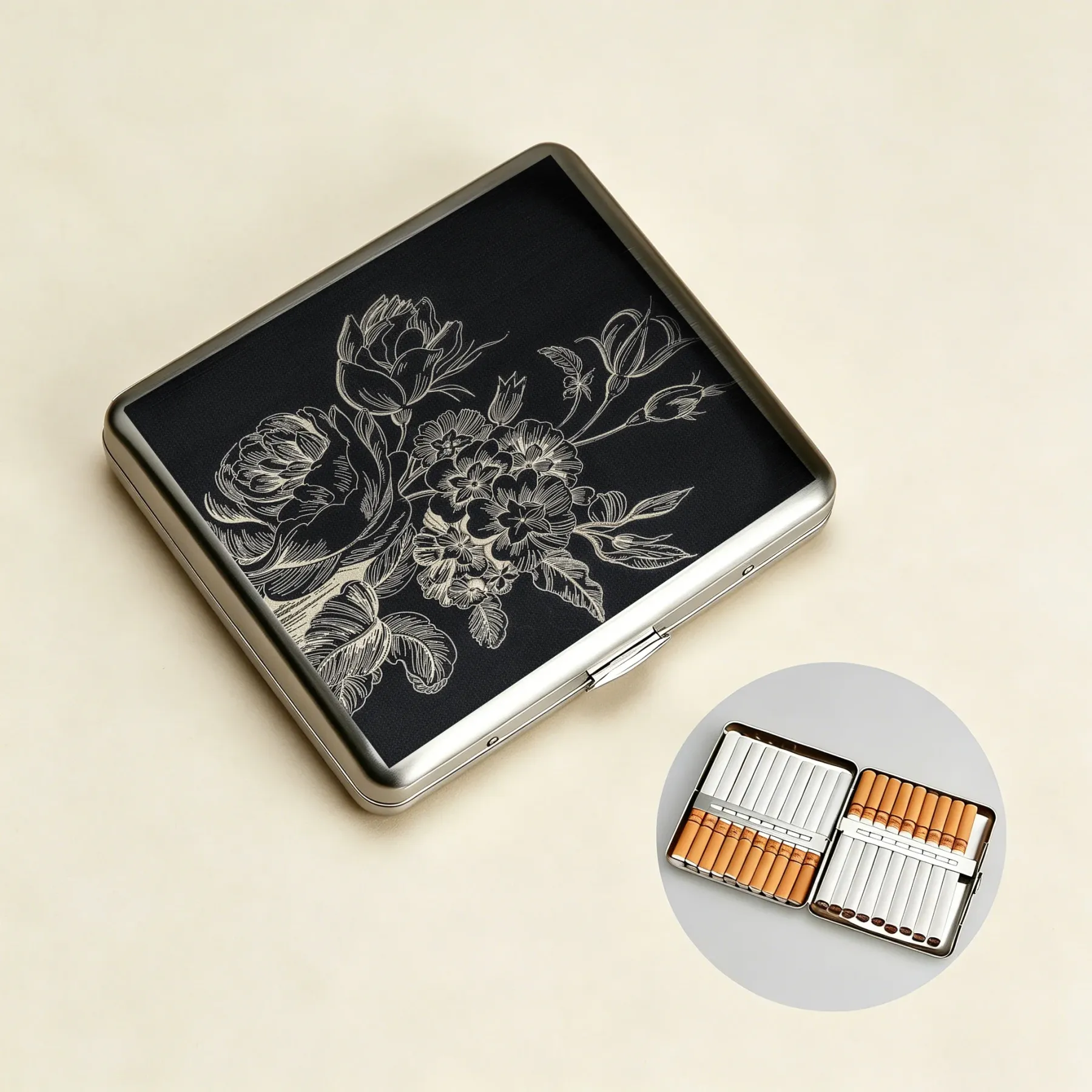 Tokyo-Tiger Monochrome Floral Elegance Cigarette Case