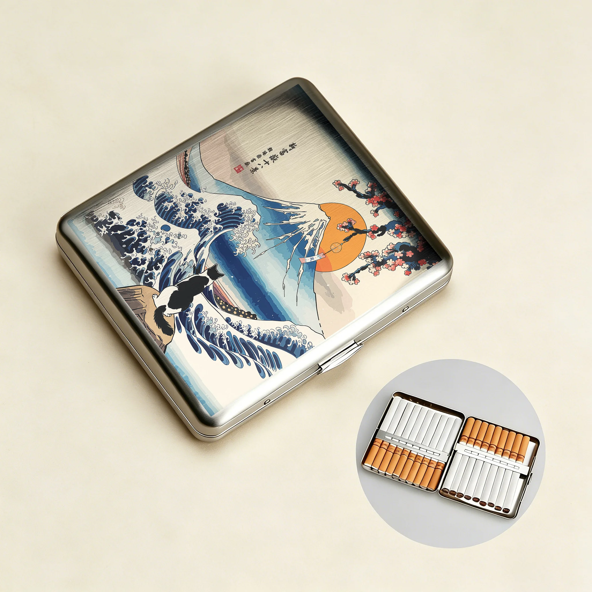 Tokyo-Tiger Cat Looking At The Great Wave Cigarette Case