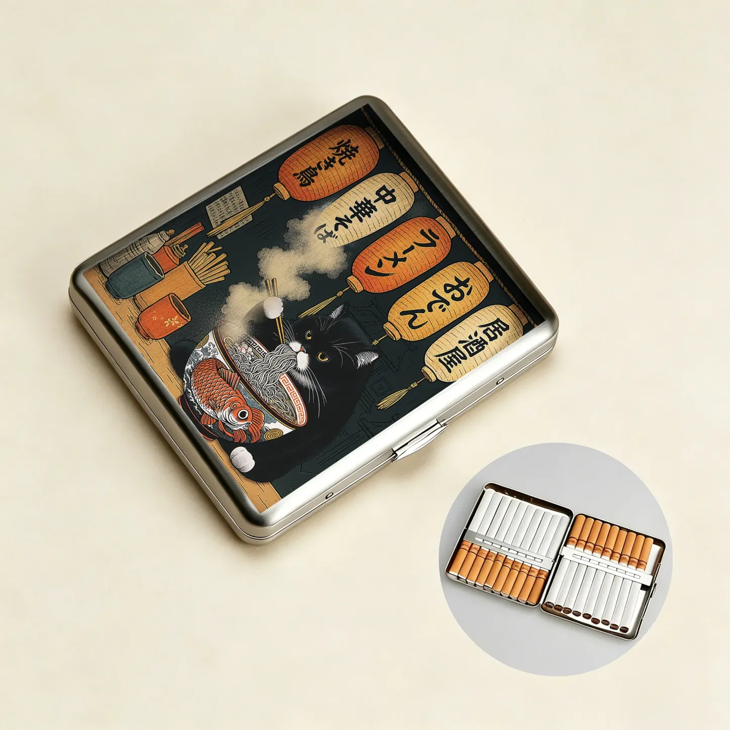 Tokyo-Tiger Fat Cat Eating Ramen Cigarette Case