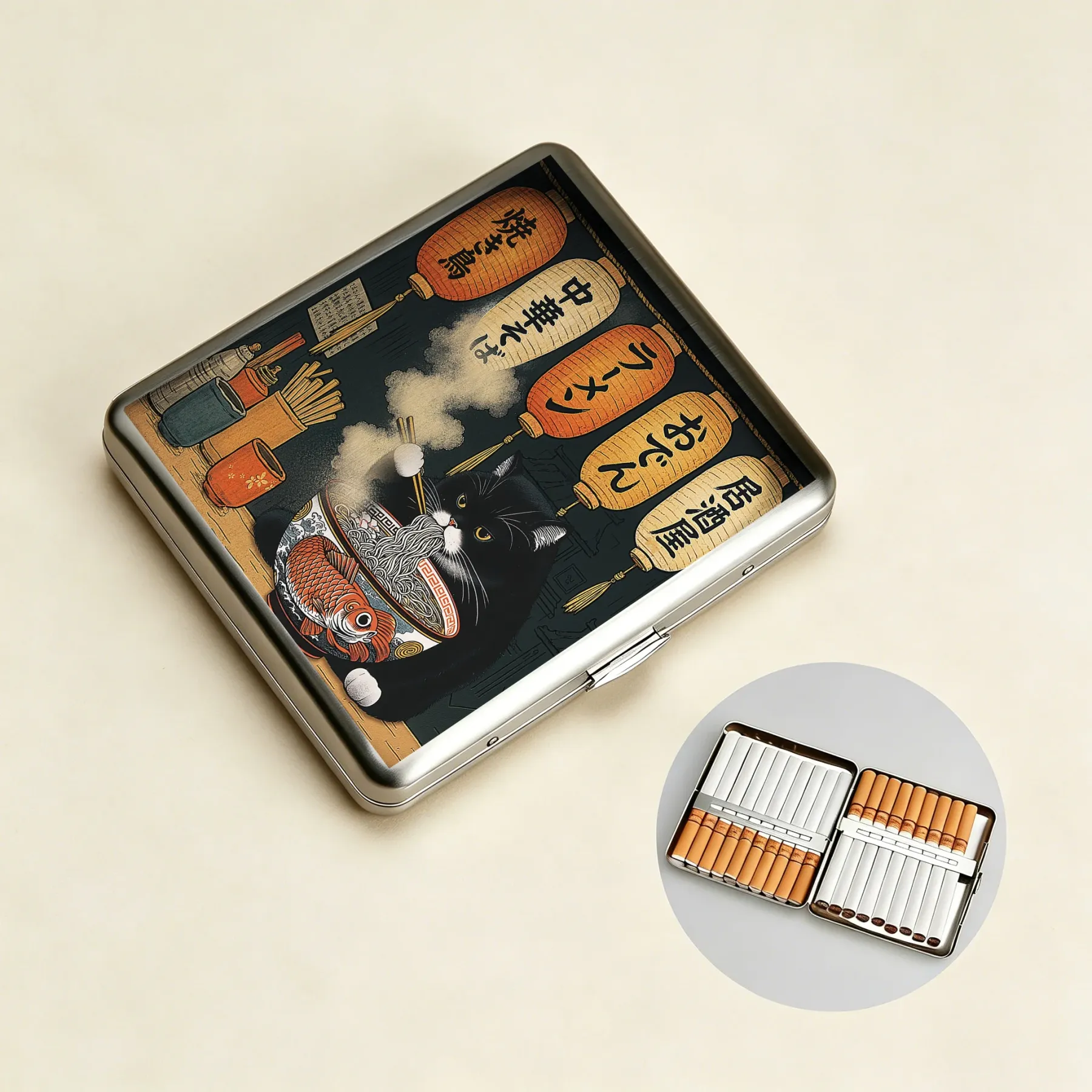 Tokyo-Tiger Fat Cat Eating Ramen Cigarette Case