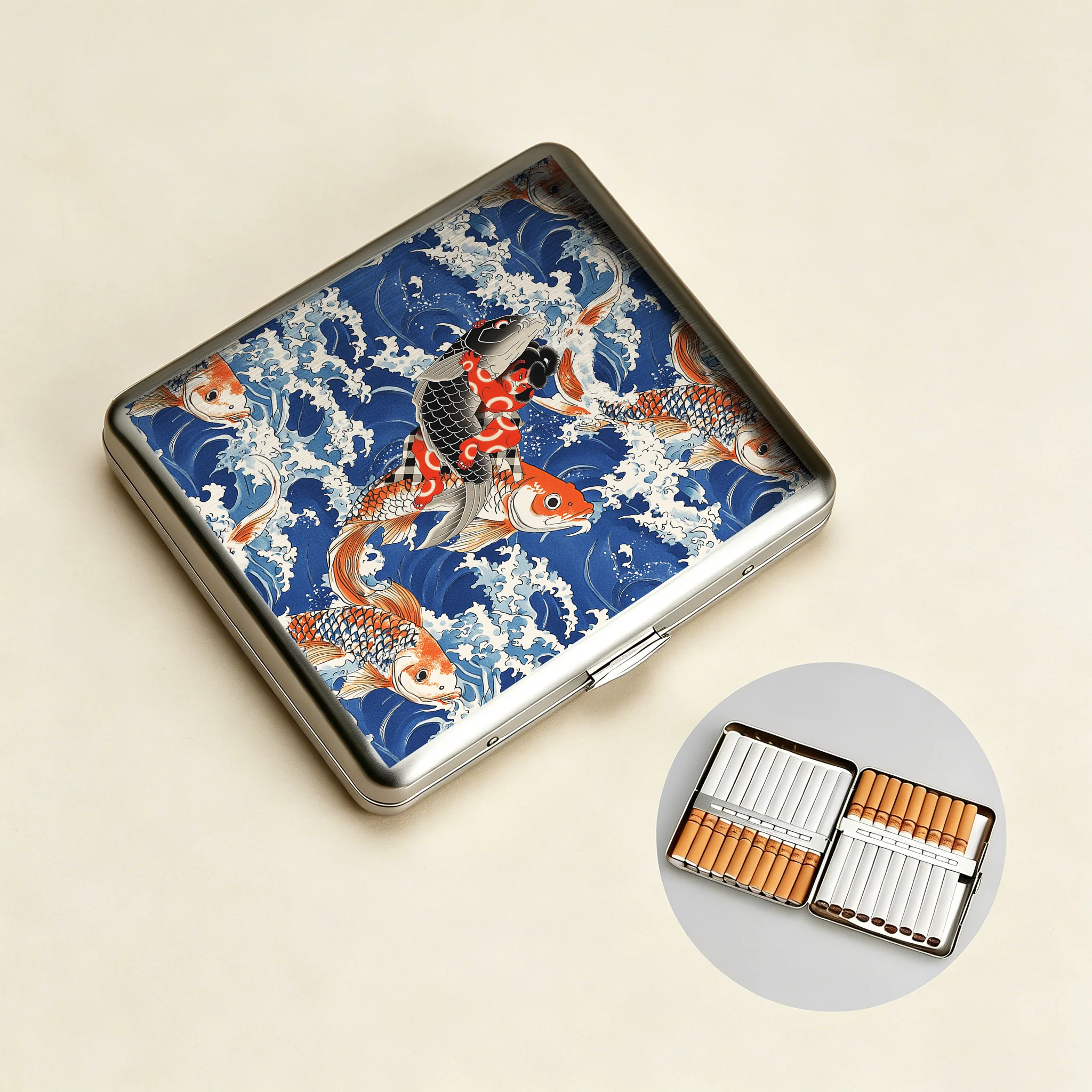 Tokyo-Tiger Sumo Wrestler Holding A Koi Cigarette Case