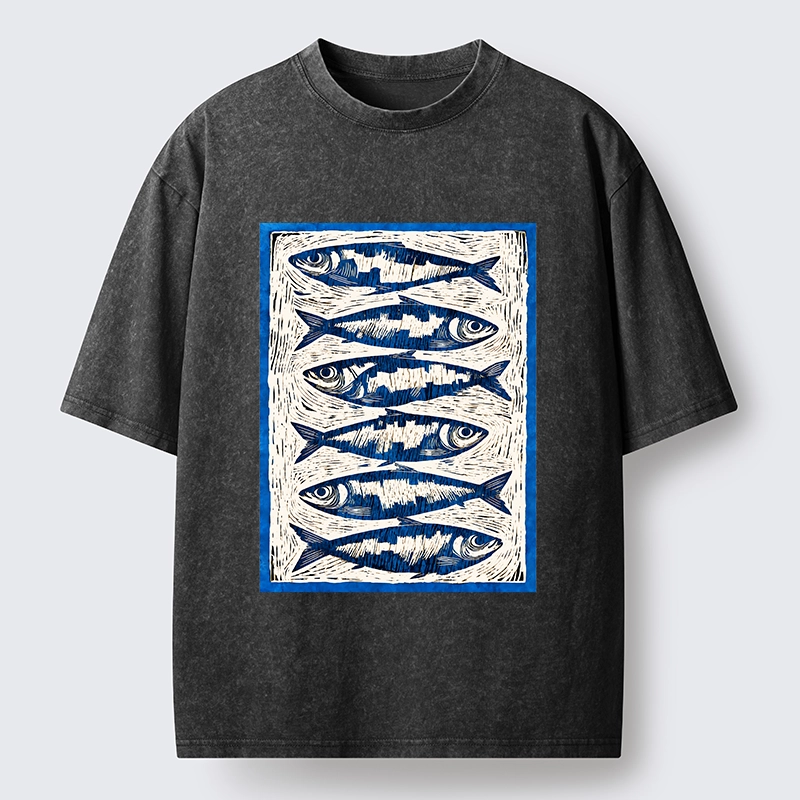 Tokyo-Tiger Vintage Block Print Ocean Fish Washed T-Shirt