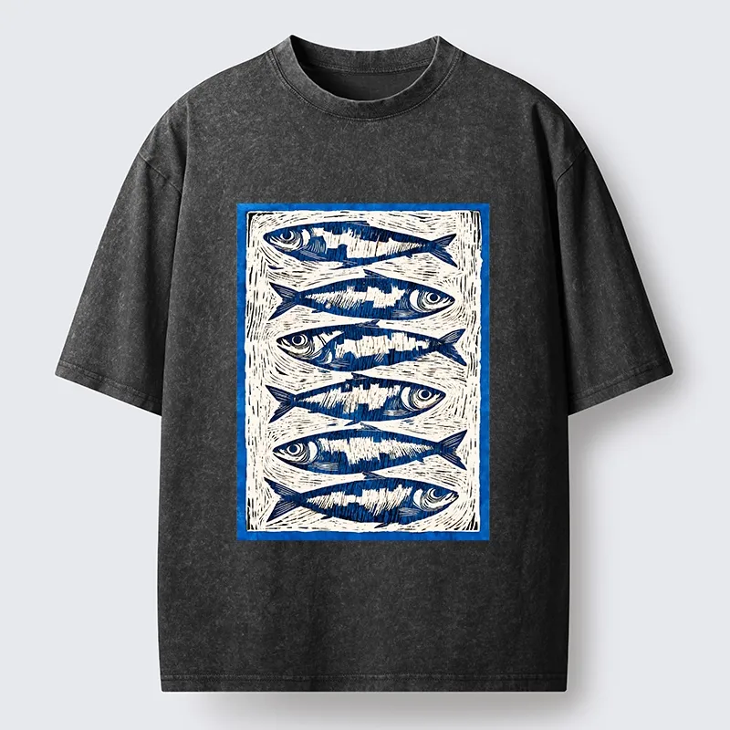 Tokyo-Tiger Vintage Block Print Ocean Fish Washed T-Shirt
