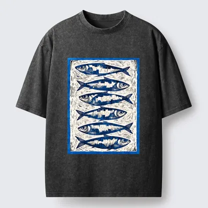 Tokyo-Tiger Vintage Block Print Ocean Fish Washed T-Shirt