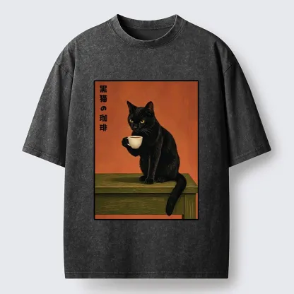 Tokyo-Tiger Retro Art Cat Sips Warm Coffee Washed T-Shirt