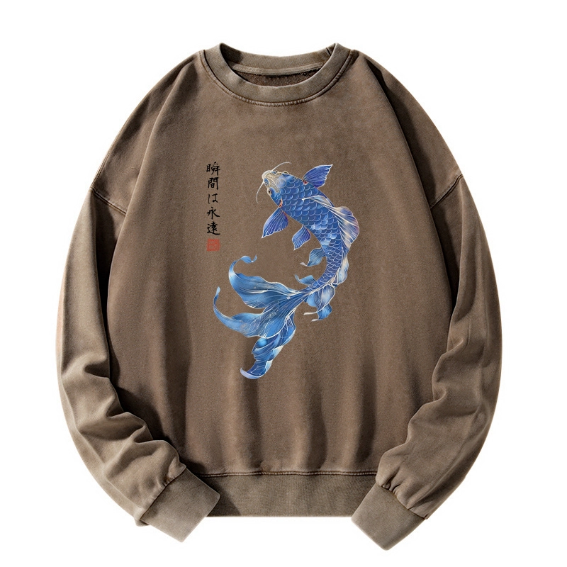 Tokyo-Tiger Lucky Blue Koi Fish Art Washed Sweatshirt