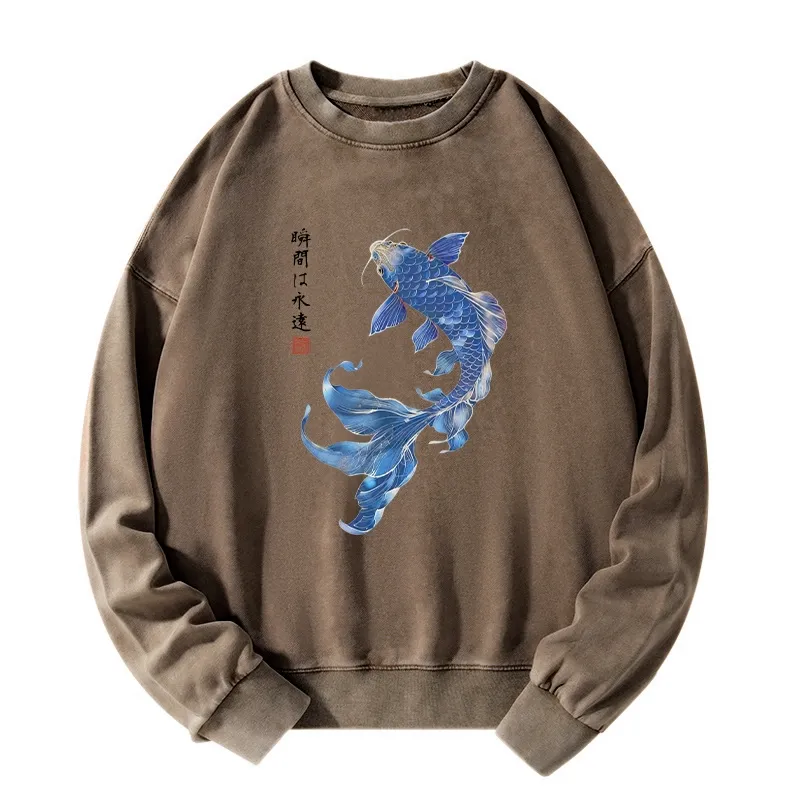 Tokyo-Tiger Lucky Blue Koi Fish Art Washed Sweatshirt