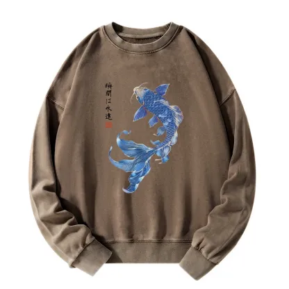 Tokyo-Tiger Lucky Blue Koi Fish Art Washed Sweatshirt