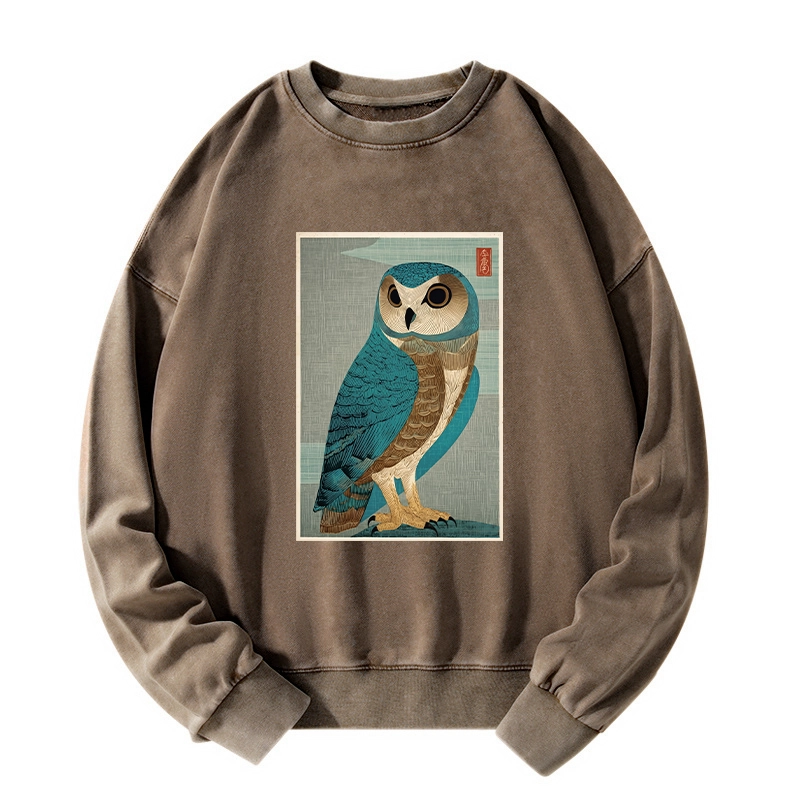 Tokyo-Tiger Vintage Owl Woodblock Art Washed Sweatshirt