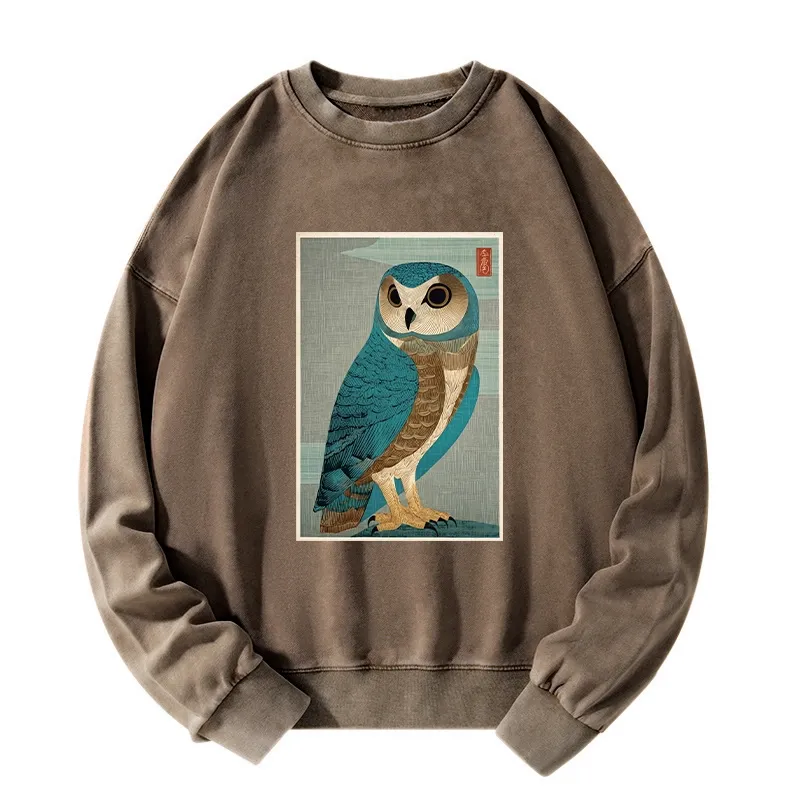 Tokyo-Tiger Vintage Owl Woodblock Art Washed Sweatshirt