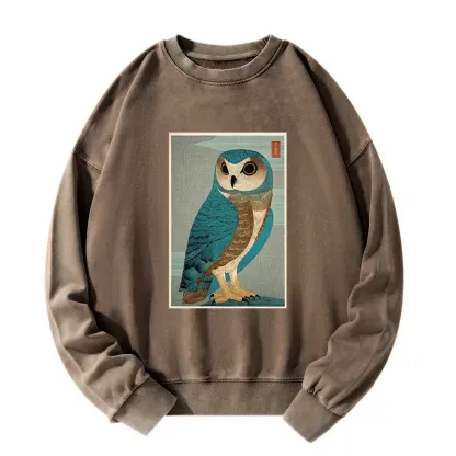 Tokyo-Tiger Vintage Owl Woodblock Art Washed Sweatshirt